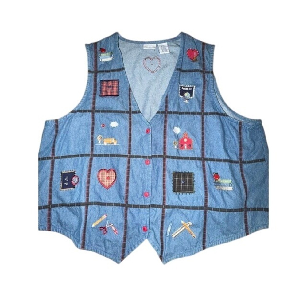 Bobbie Brooks Woman Denim Teacher Vest Embroidered School Patchwork 22W 24W Blue